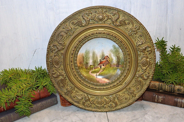 Antique French Handpainted House Plate Digoin Sarreguemines Repousse Brass Frame