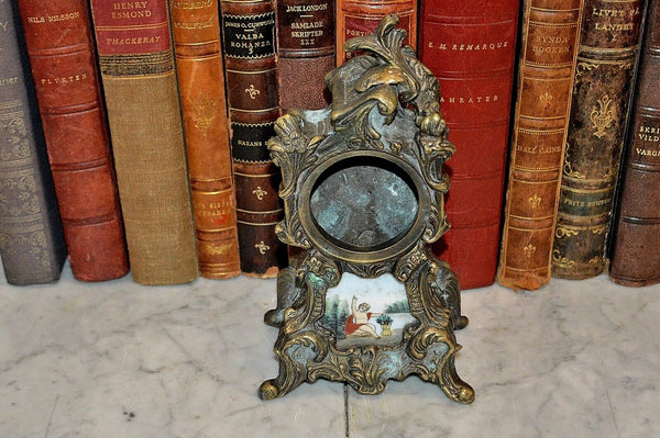 Antique German Small Clock Case Heavy Brass French Style Cherub Porcelain Insert
