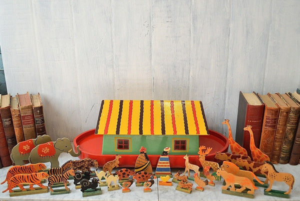 Antique German Noah's Ark Toy on Wheels Wooden 32 Animals Noah and Wife