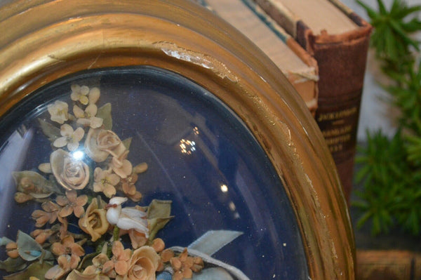 Antique French Floral Wax Bouquet Bird Gilt Frame Convex Glass Wedding