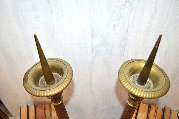 Antique Large French Pair Brass Altar Candle Holders Prickets 28" Jesus Dove