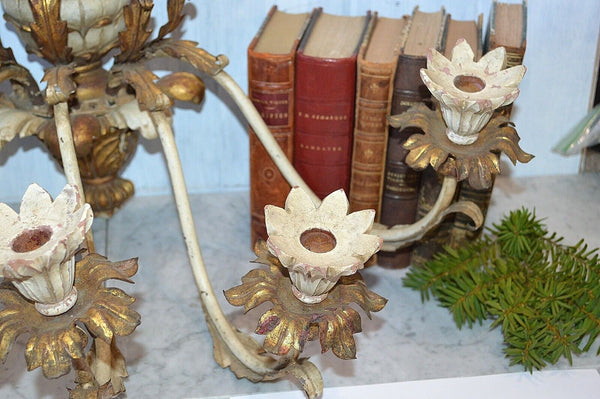 Antique Large Italian Tole Carved Wood Pineapple Candle Wall Sconce 5 Arm Gilded