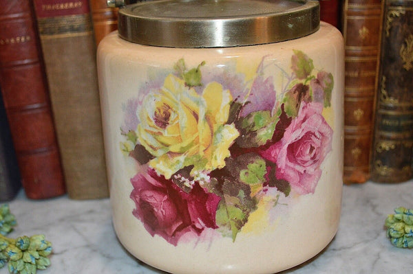 Antique English Biscuit Barrel Cookie Jar Blush With Yellow Pink and Red Roses