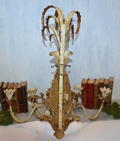 Antique Large Italian Tole Carved Wood Pineapple Candle Wall Sconce 5 Arm Gilded