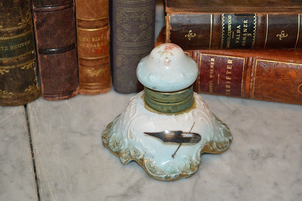 Antique French Porcelain Inkwell Pale Blue Floral Gilt