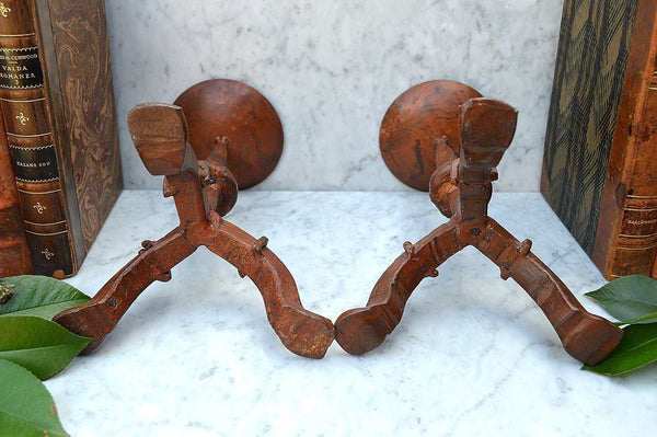 Antique Pair Cast Iron Rusty Red Fireplace Prong Candle Holders Candlesticks
