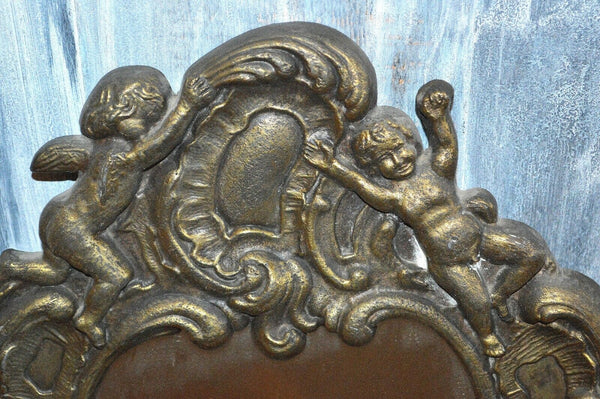 Antique French Brass Mirror Art Nouveau Cherubs Floral Wall Mount