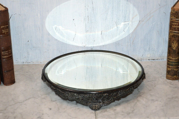 Antique Plateau Mirror Tray Black Art Nouveau Figural Lion Heads Bar Vanity