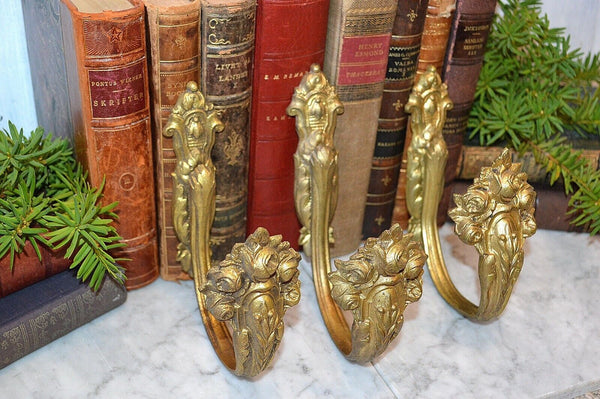 Antique Set of 3 French Gilt Bronze Ormolu Drapery Tie Back Hooks Floral Roses