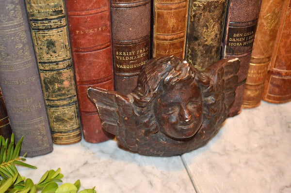 Antique German Dark Carved Wood Cherub Angel Head Baroque Plaque