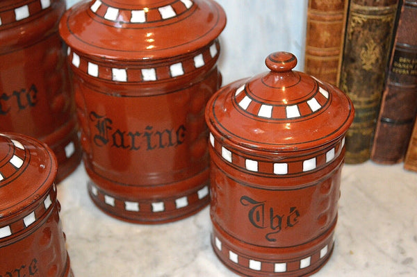 Vintage French Canister Set Red Enamel 6 Pieces Red White Black Enamelware
