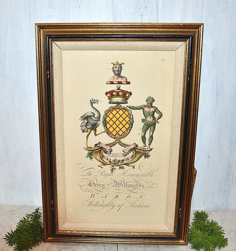 Antique English Framed Art Heraldic Crest Crown Colored Copper Engraving 18th C