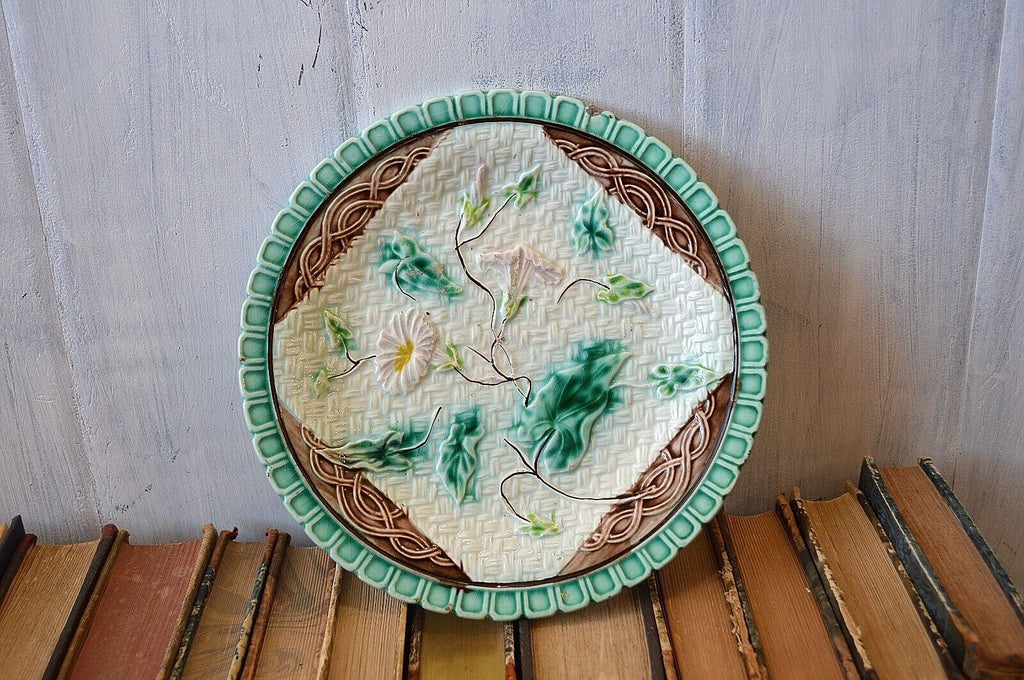 Antique Majolica Plate Morning Glory Napkin Green Brown 1880's
