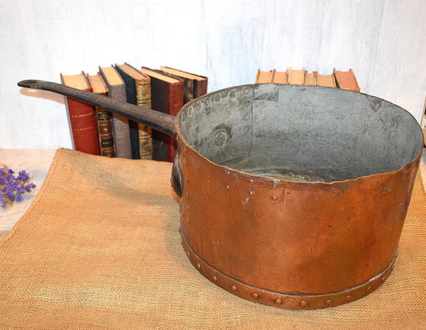 Antique Huge Copper Iron Riveted Pot Pan Wrought Iron Range Dovetailed 17lbs 14"