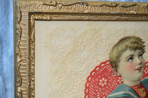 Antique Victorian Gilt Framed Large Die Cuts Sailor Boy Birds Scrap Book Art