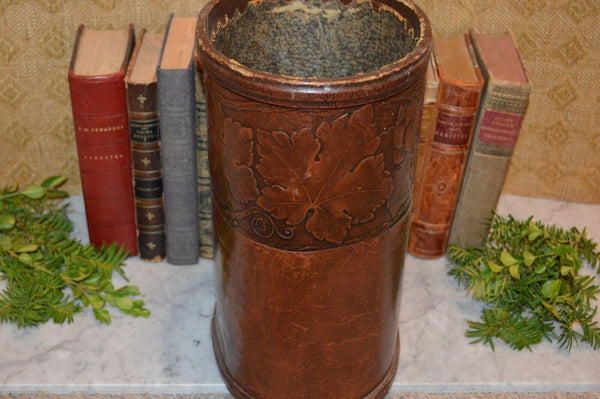 Antique English Embossed Leather Wastebasket Trash Can Arts and Crafts Style
