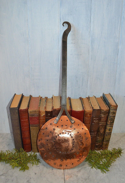 Vintage Large Copper French Strainer Skimmer with Rat Tail Iron Handle