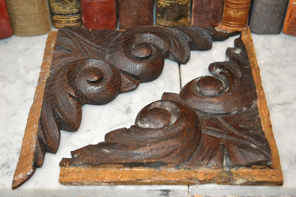 Antique Pair German Black Forest Carved Wood Corner Brackets Architectural Mount