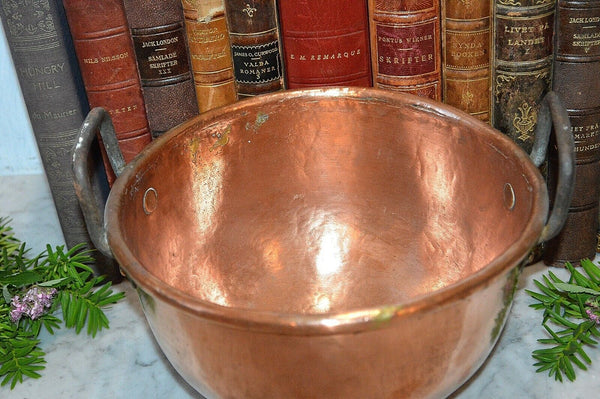 Antique Heavy Copper French Mixing Whisking Bowl Cul de Poule Rolled Edges
