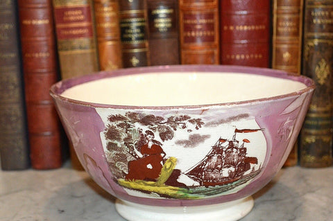 Rare Antique Sunderland Pink Lustre Bowl Mariner's Ode Poem Sailor's Wife Ship
