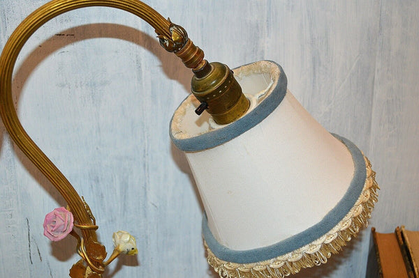 Vintage French Style Double Boudoir Lamp Porcelain Roses Gilt Brass