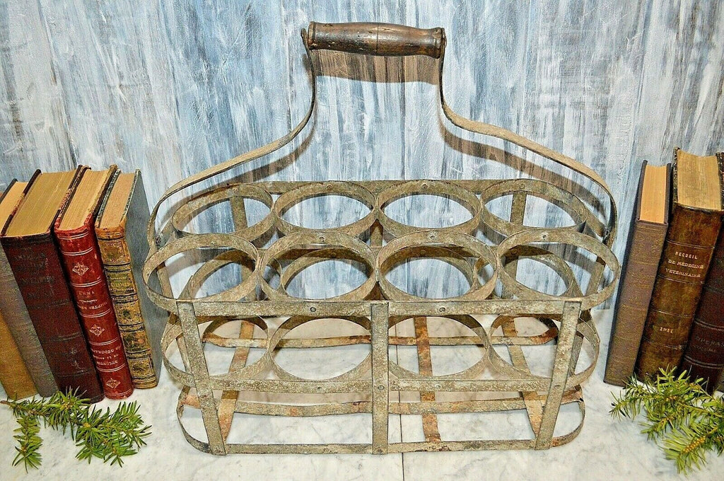 Antique French 8 Bottle Carrier Zinc with Wood Handle Caddy Holder