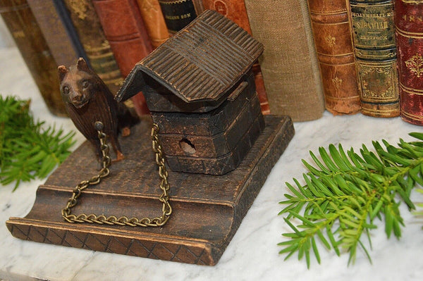 Antique German Black Forest Carved Wood Inkwell Dog and Dog House