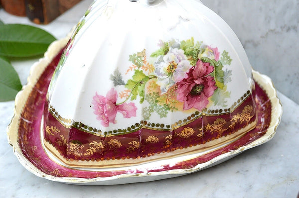 Antique German Cheese Dome Porcelain RW Bavaria Covered Platter Floral Transfer