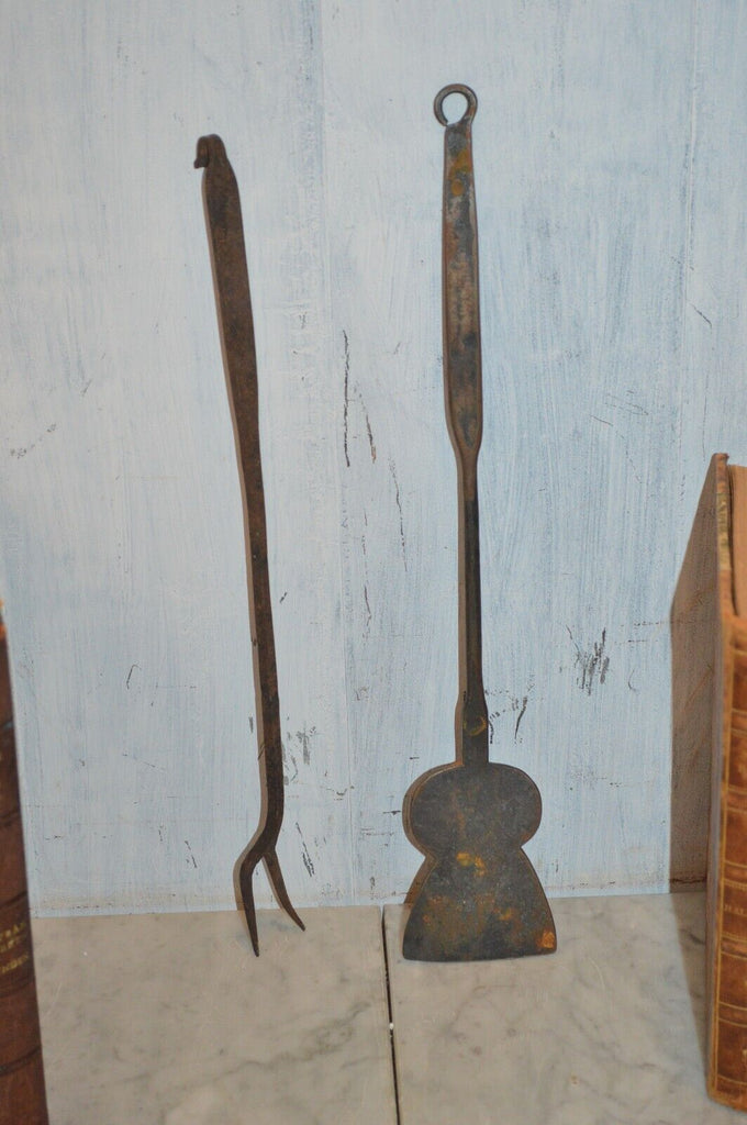 Antique Set Wrought Iron Keyhole Spatula Roasting Fork Primitive 19th C Utensils