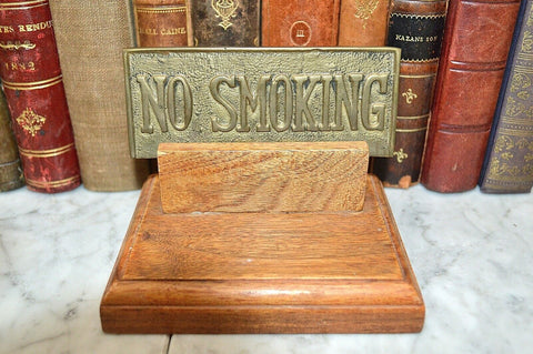 Vintage Brass No Smoking Sign Double Sided on Wood Stand