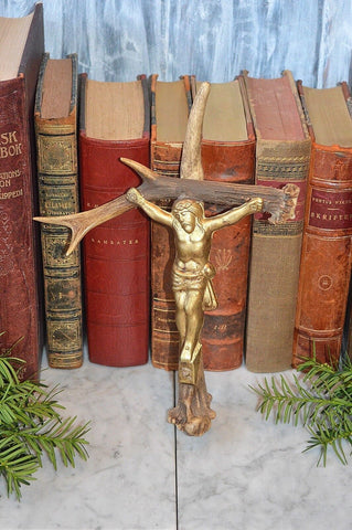 Antique German Deer Antler Crucifix Cross Gilded Metal Jesus Mounted on Antlers