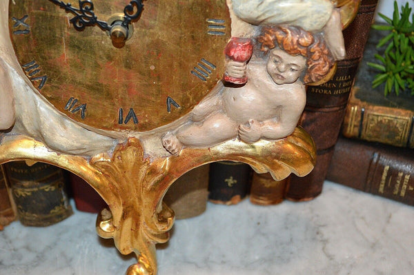 Rare Vintage German Wall Clock Carved Wood Gilt Father Time Cherubs