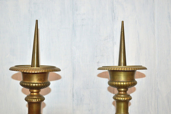 Antique Large French Pair Brass Altar Candle Holders Prickets 28" Jesus Dove