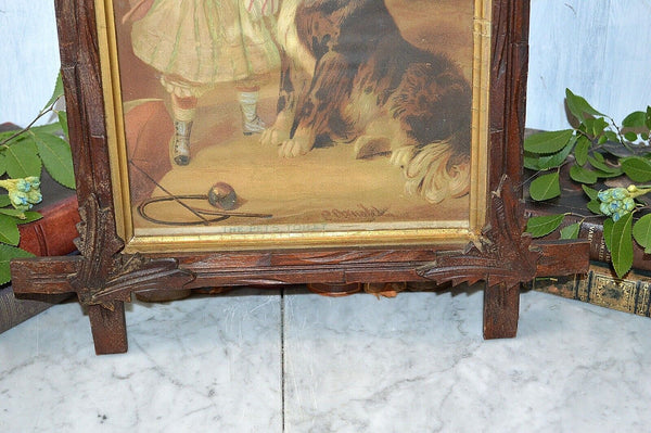 Antique Framed Art Lithograph Victorian Girl and Dog Black Forest Frame