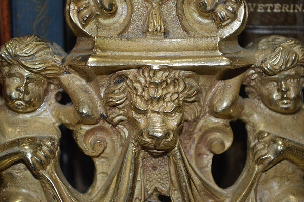 Antique Pair French Brass Andirons Chenets Figural Females Cherubs Satyr Fauns