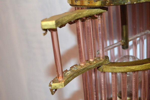 Antique Pendant Light Fixture Pink Glass Rods Cage Floral Porcelain Gilt Brass