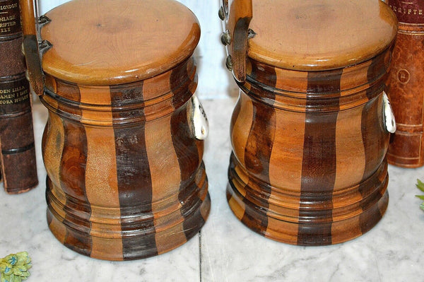 Antique Pair German Sycamore Mahogany Salt Flour Canisters Treen Wood Boxes