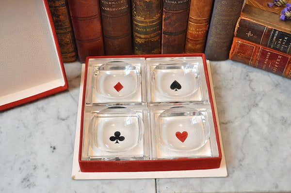 Vintage Baccarat Crystal Poker Card Theme Pluton Salt Caviar Nut Dips Box Set 4