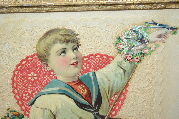 Antique Victorian Gilt Framed Large Die Cuts Sailor Boy Birds Scrap Book Art