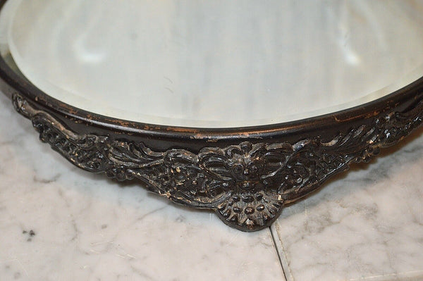 Antique Plateau Mirror Tray Black Art Nouveau Figural Lion Heads Bar Vanity