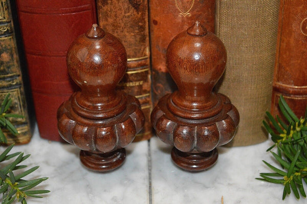 Antique Pair French Turned Wood Finials Drapery Cord Keepers Tassel Pulls 2 pc