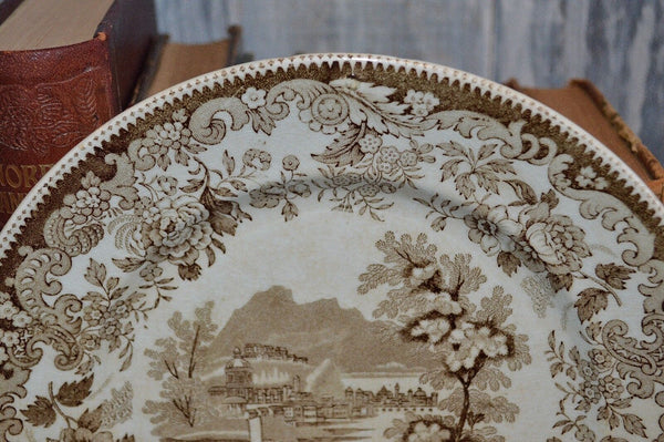 Antique Brown Transferware Dinner Plate Floral Village Scene Unmarked