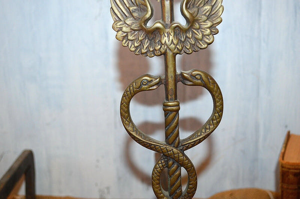 Antique Pair Caduceus Andirons Fireplace Accessory Medical Symbol Snakes Wings