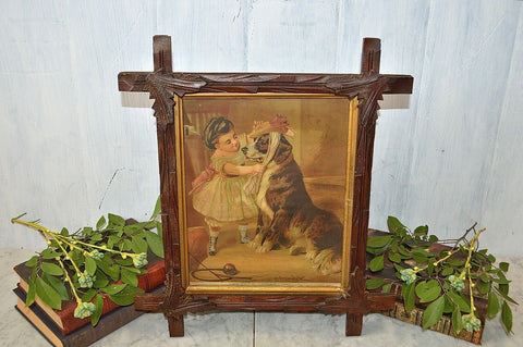 Antique Framed Art Lithograph Victorian Girl and Dog Black Forest Frame