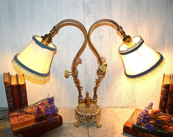 Vintage French Style Double Boudoir Lamp Porcelain Roses Gilt Brass