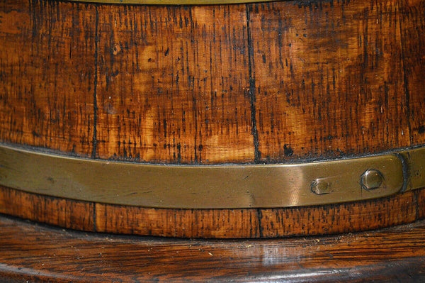 Antique English Oak Tea Caddy Box Brass Banding Glass Knob Rare Oval Shape