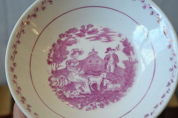 Antique Small English Staffordshire Bowl Pastoral Sheep Transferware Pink Lustre