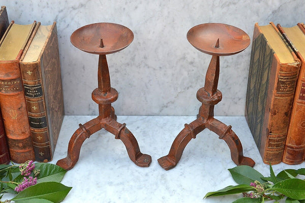 Antique Pair Cast Iron Rusty Red Fireplace Prong Candle Holders Candlesticks