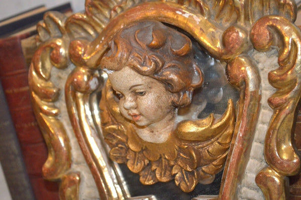 Antique Italian Painted Gilded Carved Wood Mirror and Figural Cherub Putto Head