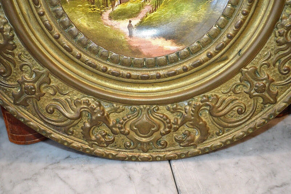 Antique French Handpainted House Plate Digoin Sarreguemines Repousse Brass Frame